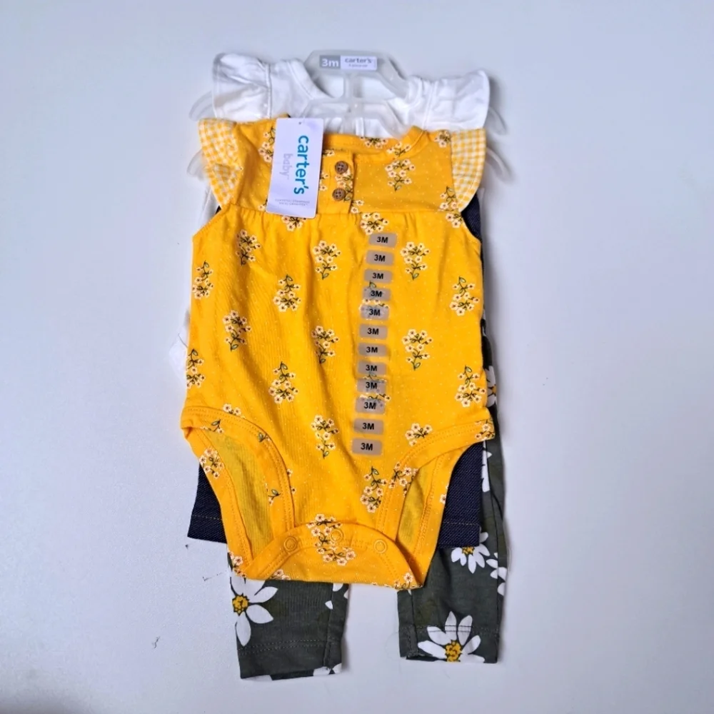 4 Pack)Carters Baby Girl Sz 3 Months Yellow White Daisies Bodysuit‎ Pants Cotton